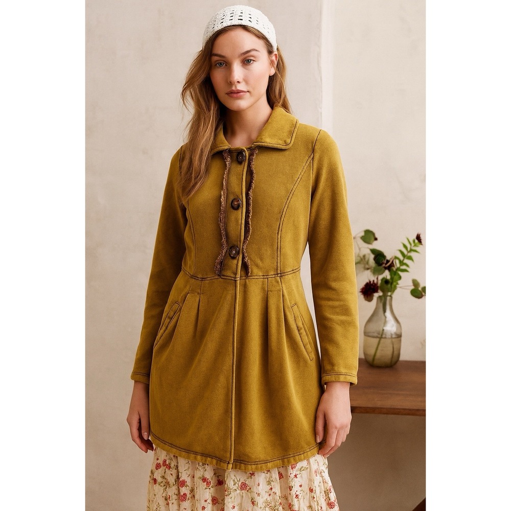 3‎ Doves Mustard Yellow Fleece Lined Boho Cottagecore Button Jacket Coat M
